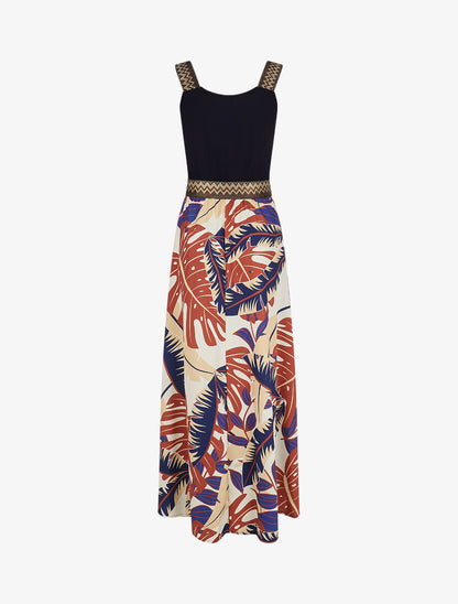 Robe longue à bretelles imprimé tropical - Marine - 5