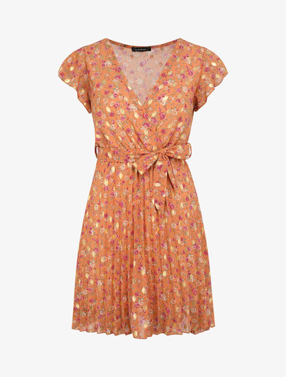 Robe empire courte imprimé roses irisées - Orange - 1