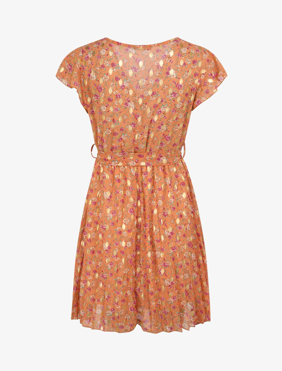 Robe empire courte imprimé roses irisées - Orange - 2
