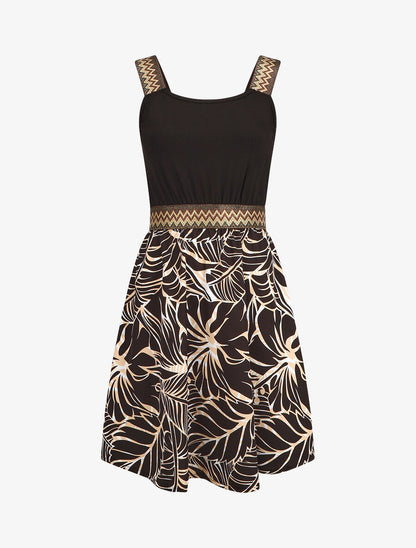 Robe courte tropicale bretelles fantaisies - Noir - 4