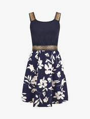 Robe courte fleurie bretelles fantaisies - Marine - 1
