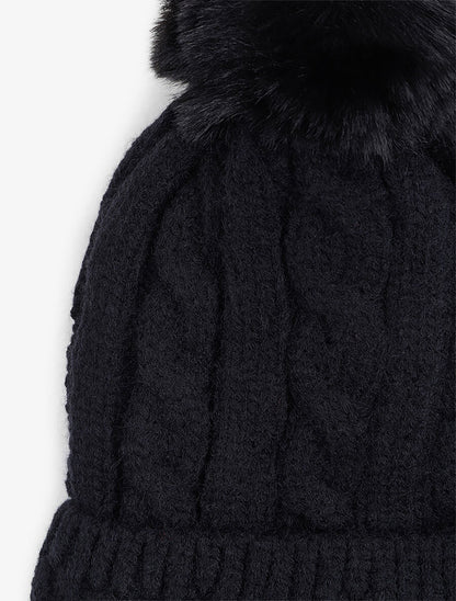 Bonnet en maille tressée à pompon - Noir - 2