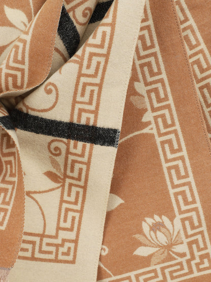 Echarpe en laine mélangée imprimé grec et fleurs - Beige - 3