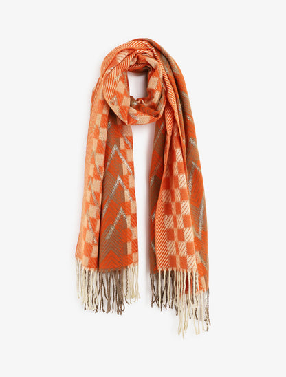 Echarpe en laine mélangée imprimé damiers et zigzag - Orange - 1
