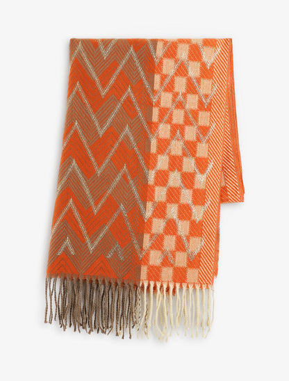 Echarpe en laine mélangée imprimé damiers et zigzag - Orange - 2