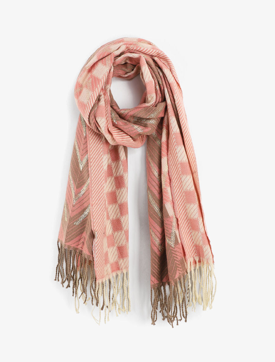 Echarpe en laine mélangée imprimé damiers et zigzag - Rose - 1