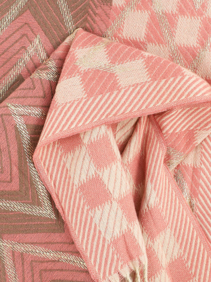 Echarpe en laine mélangée imprimé damiers et zigzag - Rose - 3