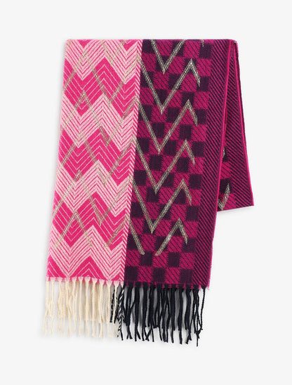 Echarpe en laine mélangée imprimé damiers et zigzag - Fushia - 2