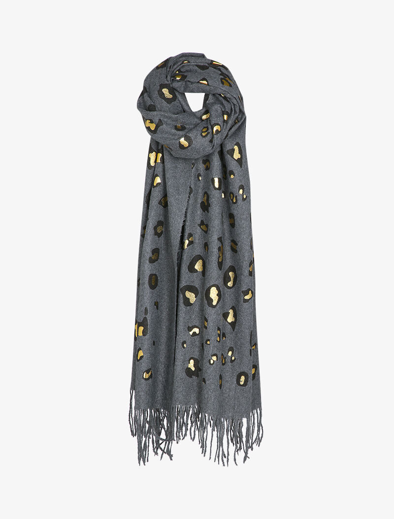 Echarpe à imprimé léopard lamé et franges - Gris foncé - 3