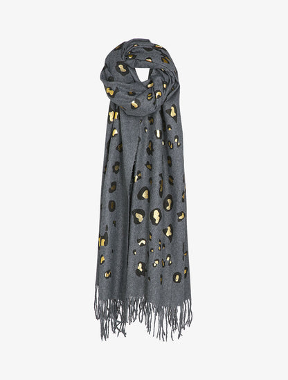 Echarpe à imprimé léopard lamé et franges - Gris foncé - 3