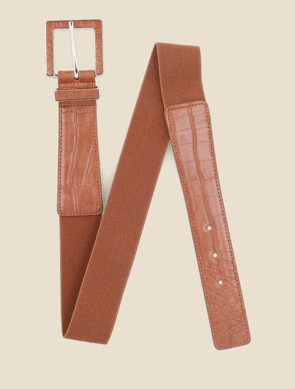 Ceinture bi-matière effet croco - Camel - 1