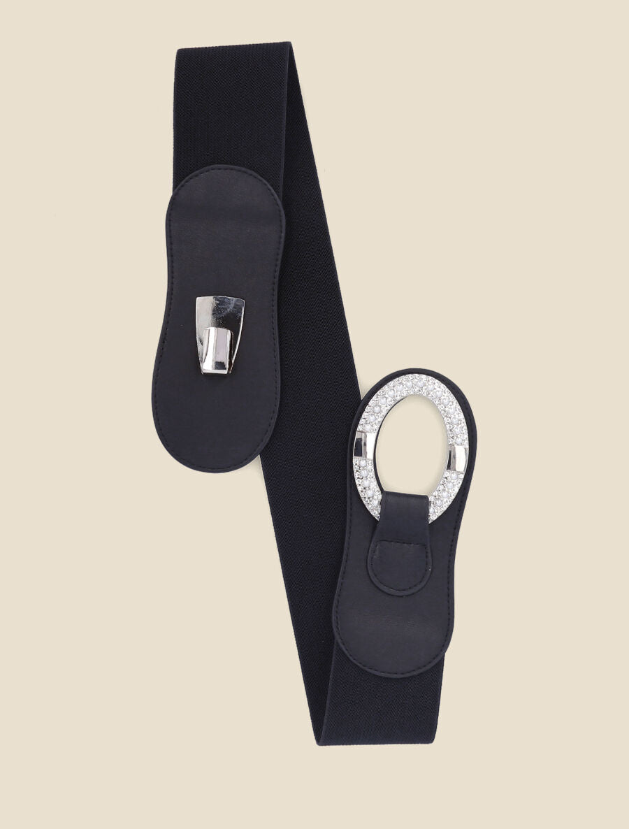 Ceinture bi-matière à boucle ornée de strass et de perles - Noir - 1