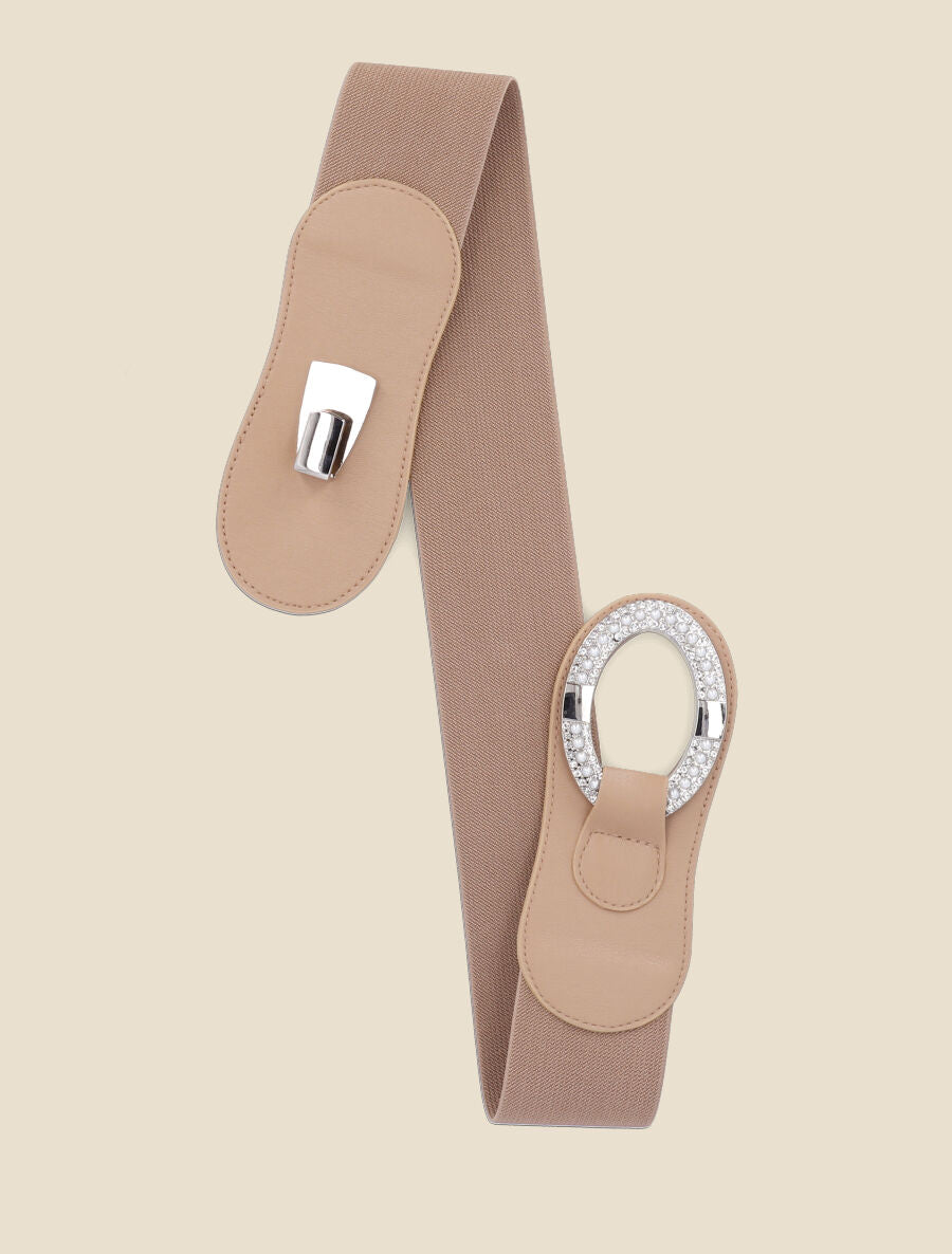 Ceinture bi-matière à boucle ornée de strass et de perles - Beige - 3