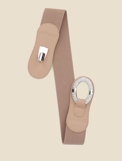 Ceinture bi-matière à boucle ornée de strass et de perles - Beige - 3