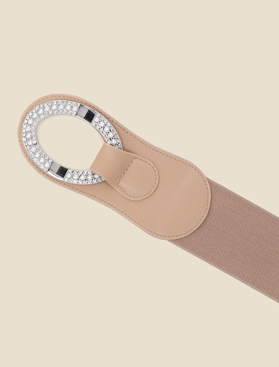 Ceinture bi-matière à boucle ornée de strass et de perles - Beige - 2