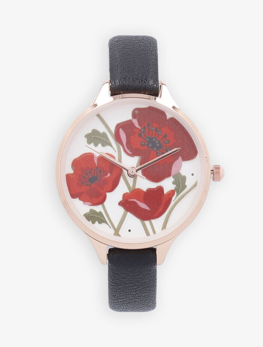 Montre ronde à motif coquelicots - Noir - 2