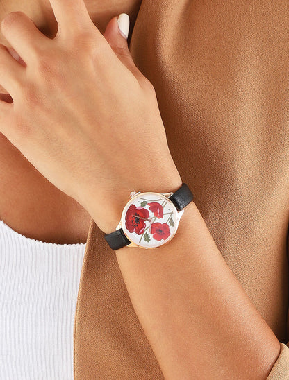 Montre ronde à motif coquelicots - Noir - 1