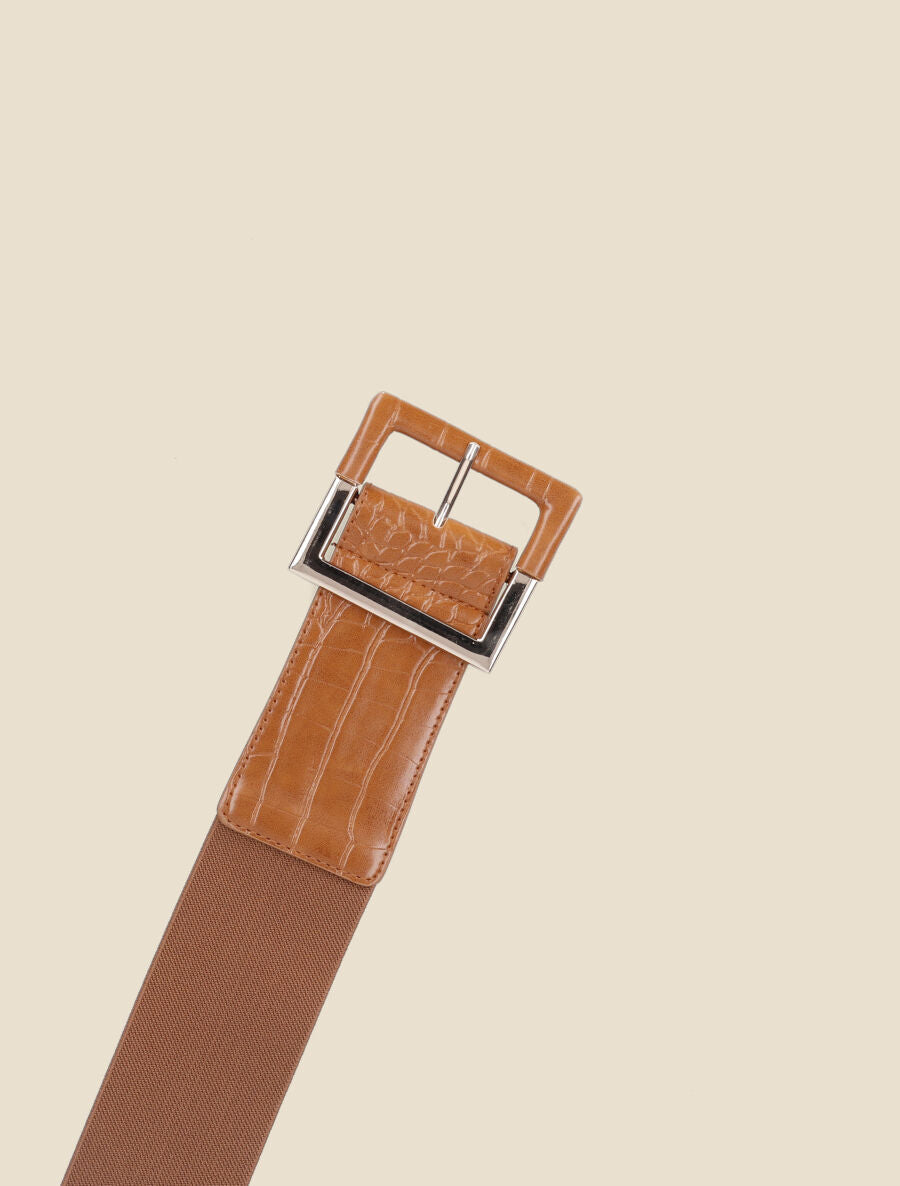 Ceinture croco à boucle carrée - Camel - 2
