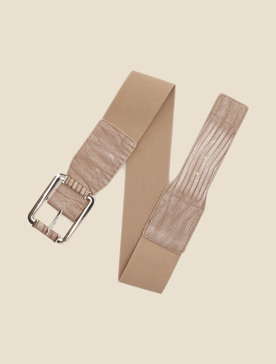 Ceinture effet python à boucle dorée - Beige - 3