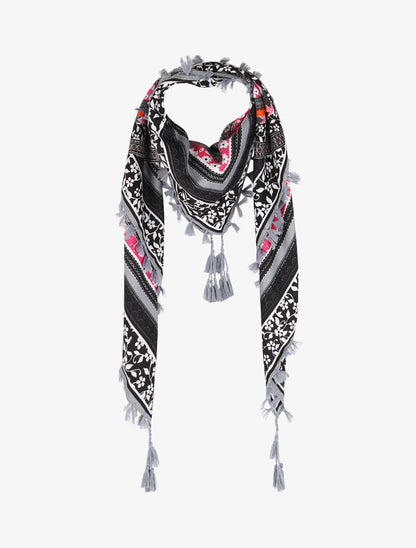Foulard à imprimé multi-fleurs style patchwork et bords à pompons - Gris - 1