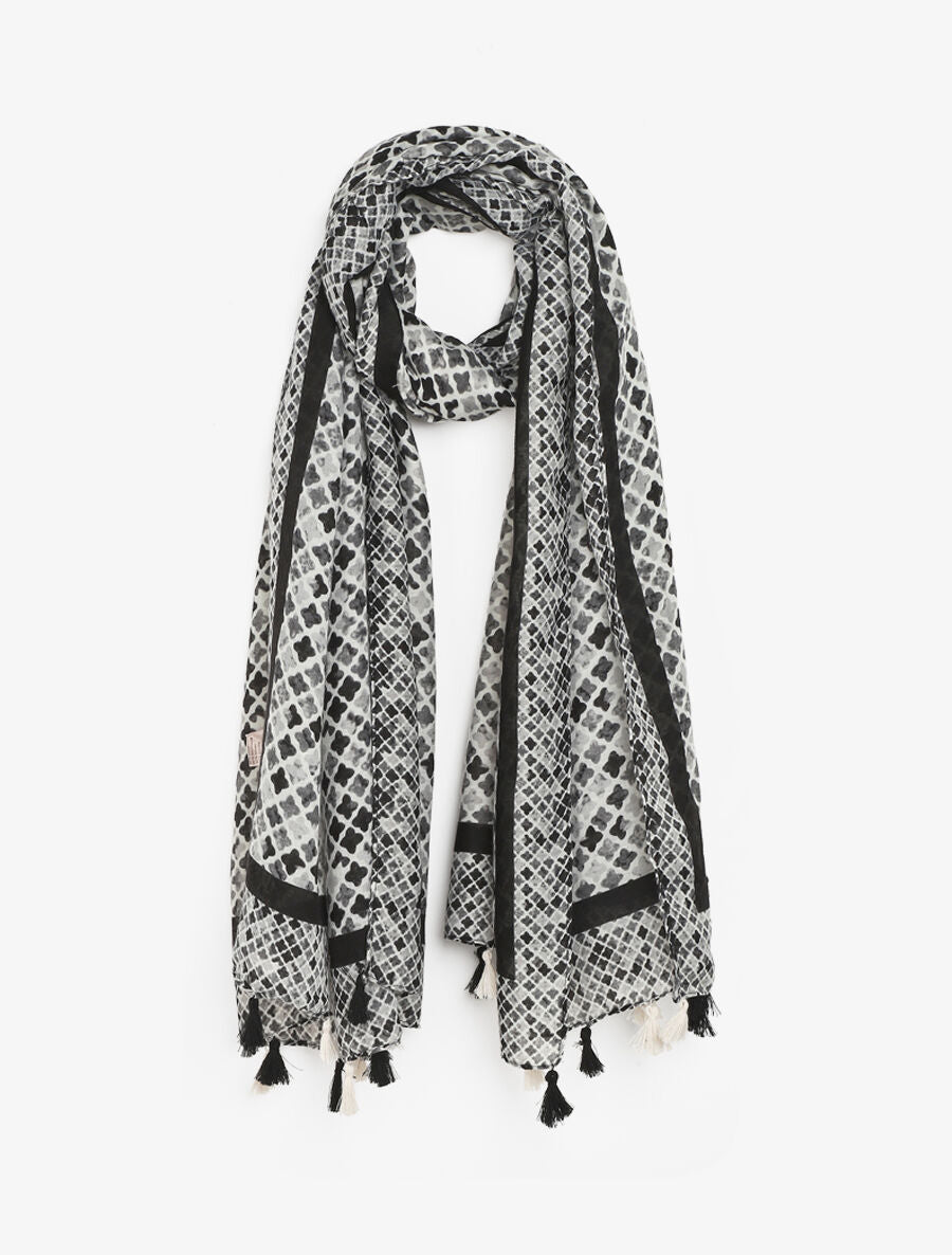 Foulard imprimé trèfles à pompons - Noir - 1