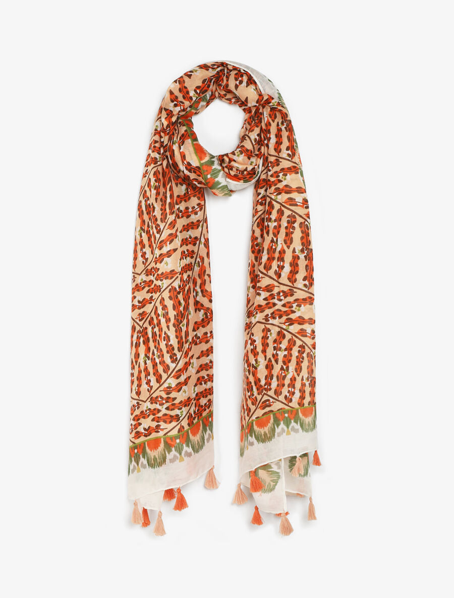 Foulard à pompons imprimé feuilles stylisées - Orange - 1