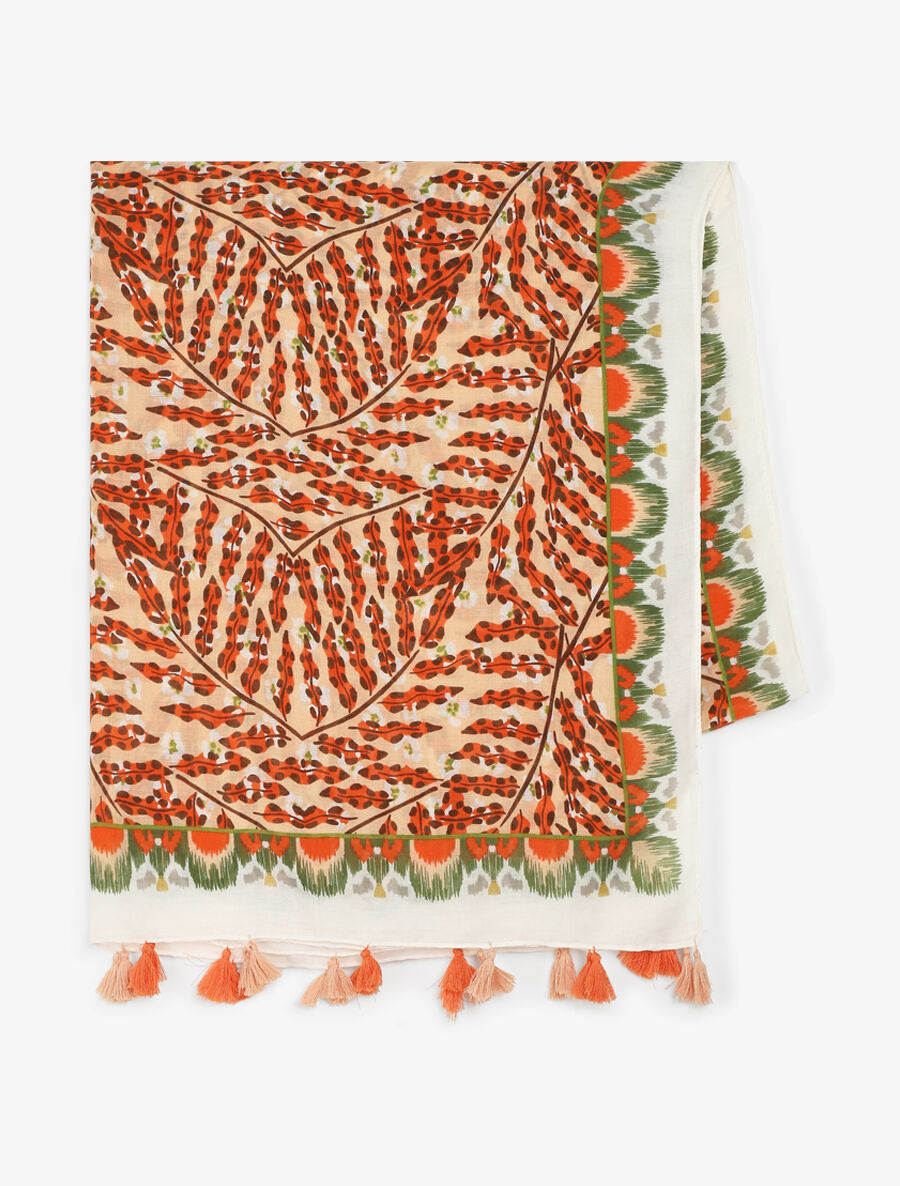 Foulard à pompons imprimé feuilles stylisées - Orange - 2
