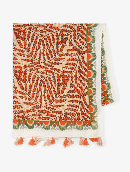Foulard à pompons imprimé feuilles stylisées - Orange - 2