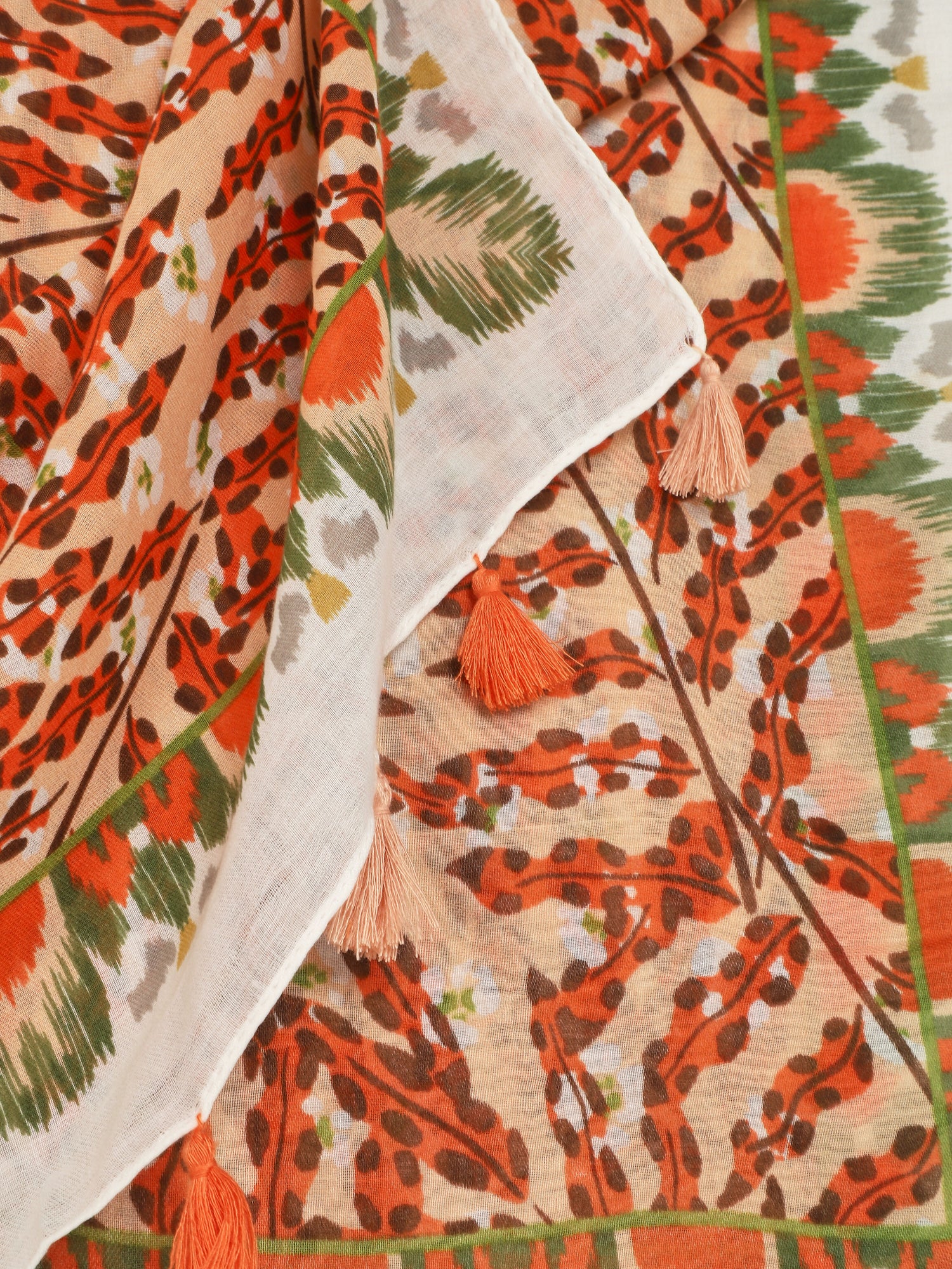 Foulard à pompons imprimé feuilles stylisées - Orange - 3