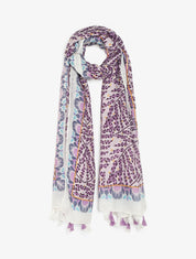 Foulard à pompons imprimé feuilles stylisées - Violet - 1