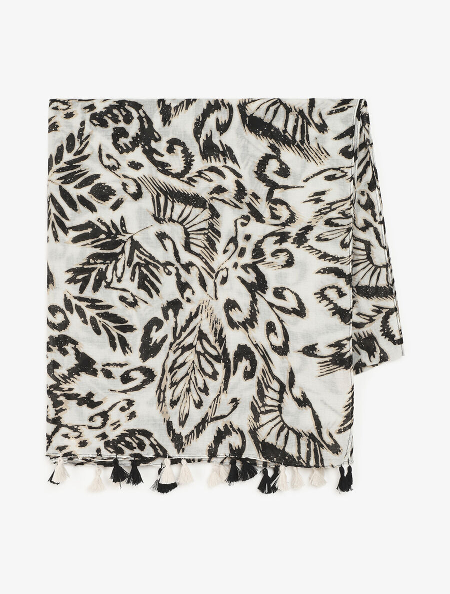 Foulard à pompons imprimé feuilles abstraites - Noir - 2