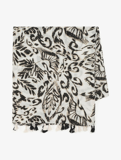 Foulard à pompons imprimé feuilles abstraites - Noir - 2