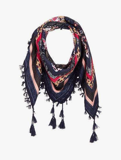 Foulard carré à imprimé patchwork à fleurs et bords à pompons - Bleu marine - 1