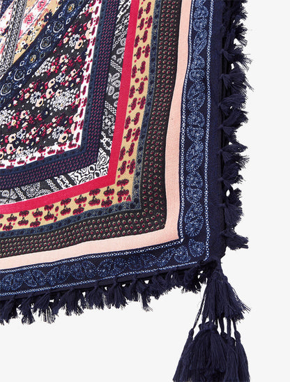 Foulard carré à imprimé patchwork à fleurs et bords à pompons - Bleu marine - 3