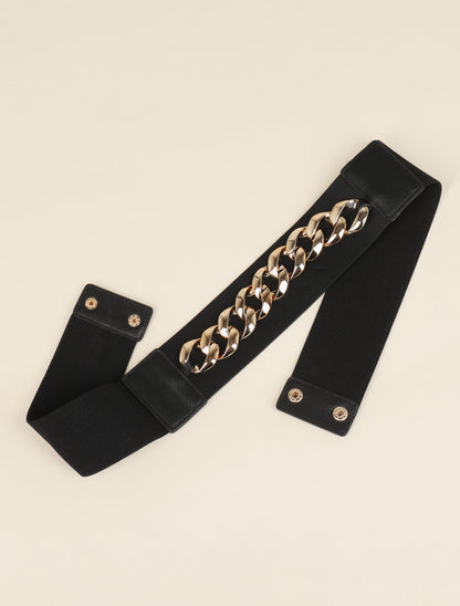 Ceinture bi-matière à détail chaîne - Noir/dorée - 2