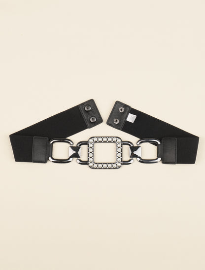 Ceinture élastiquée à boucle carrée ornée de perles et strass - Noir - 2