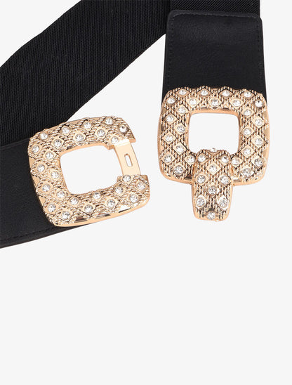 Ceinture élastiquée à boucle carrée à strass - Noir/doré - 2