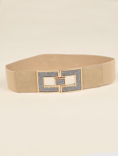 Ceinture stretch à boucles rectangulaires à strass - Beige - 1