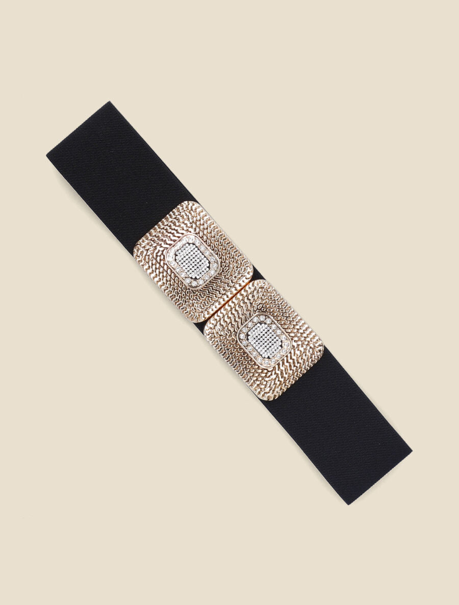 Ceinture élastiquée double boucles à strass - Noir/or - 2