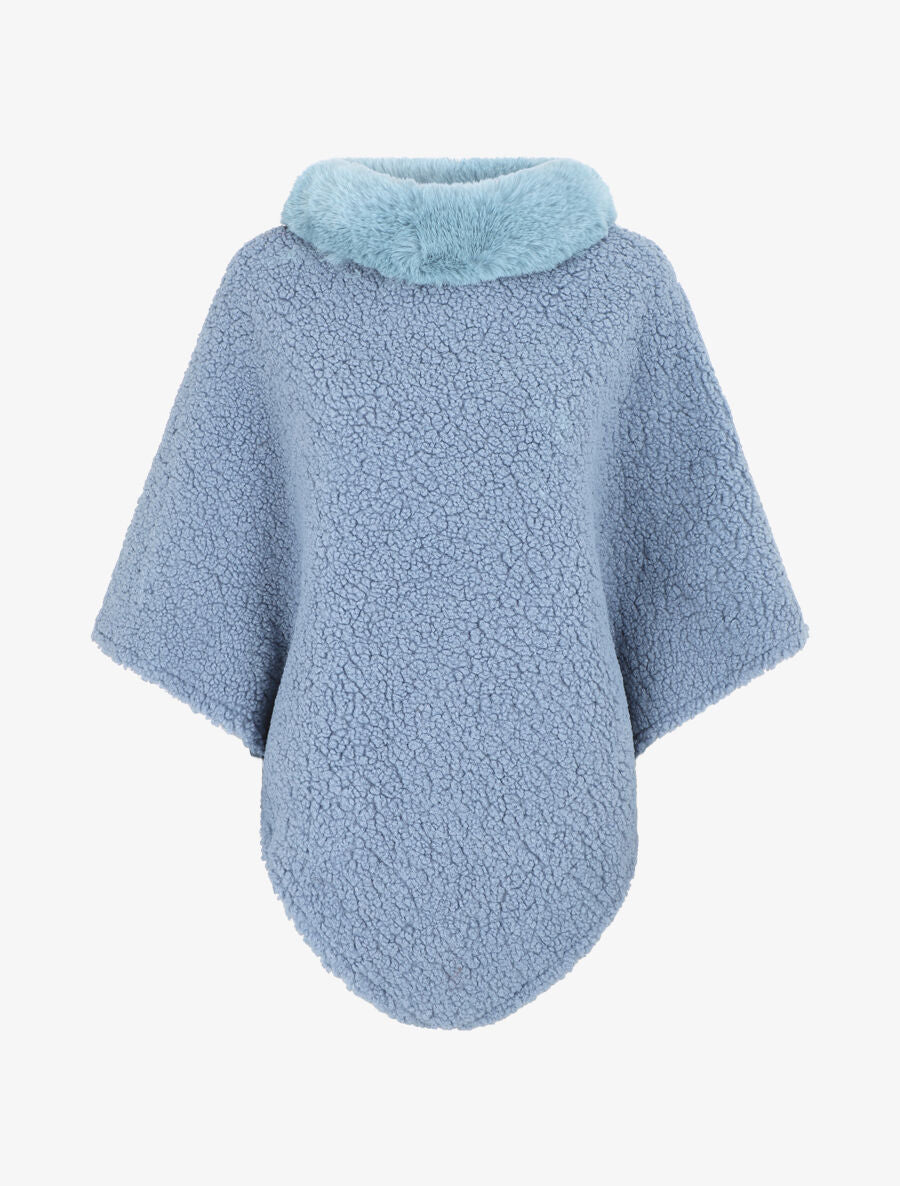 Poncho uni à texture effet mouton - Bleu - 4