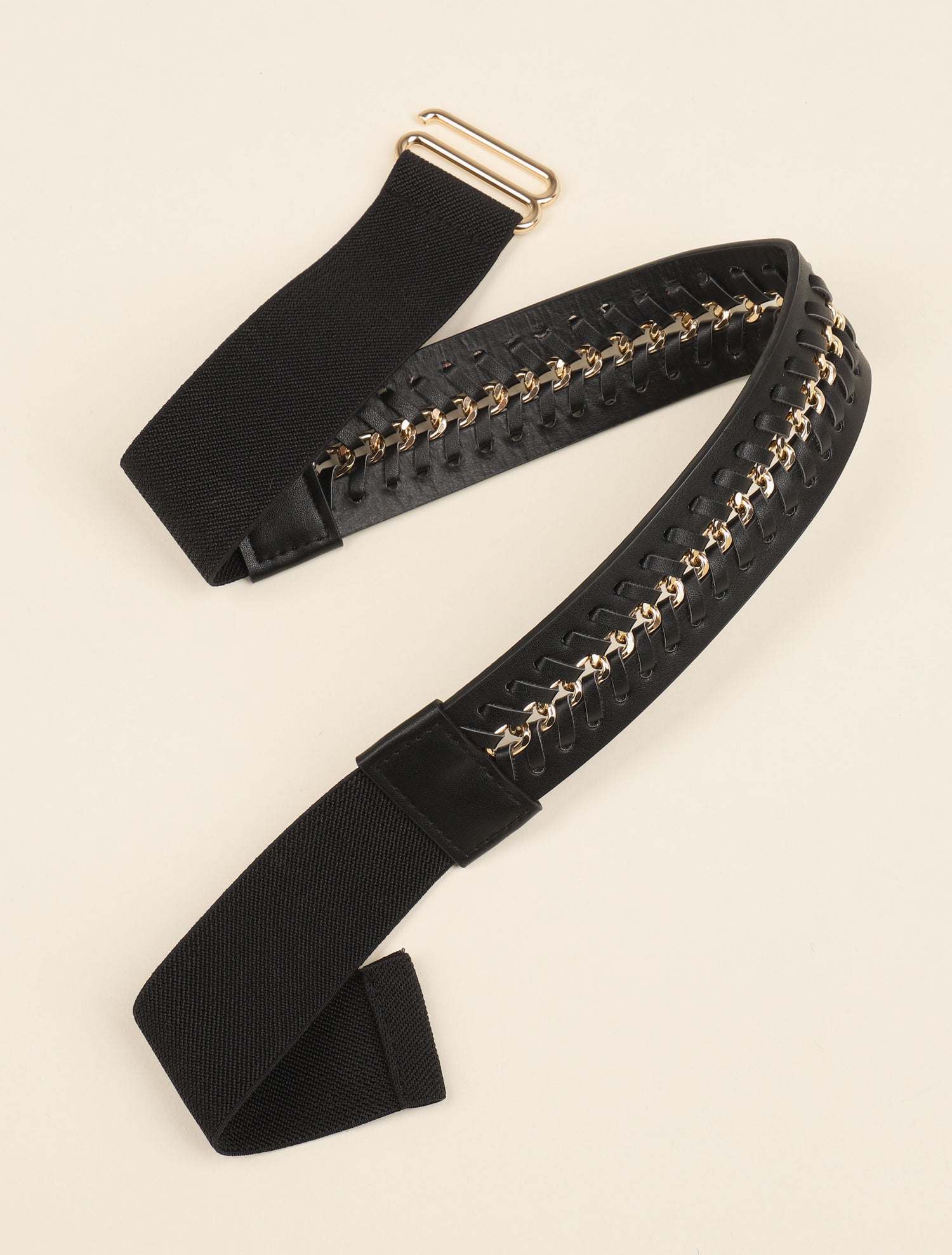 Ceinture élastiquée en macramé et chaîne - Noir/dorée - 2