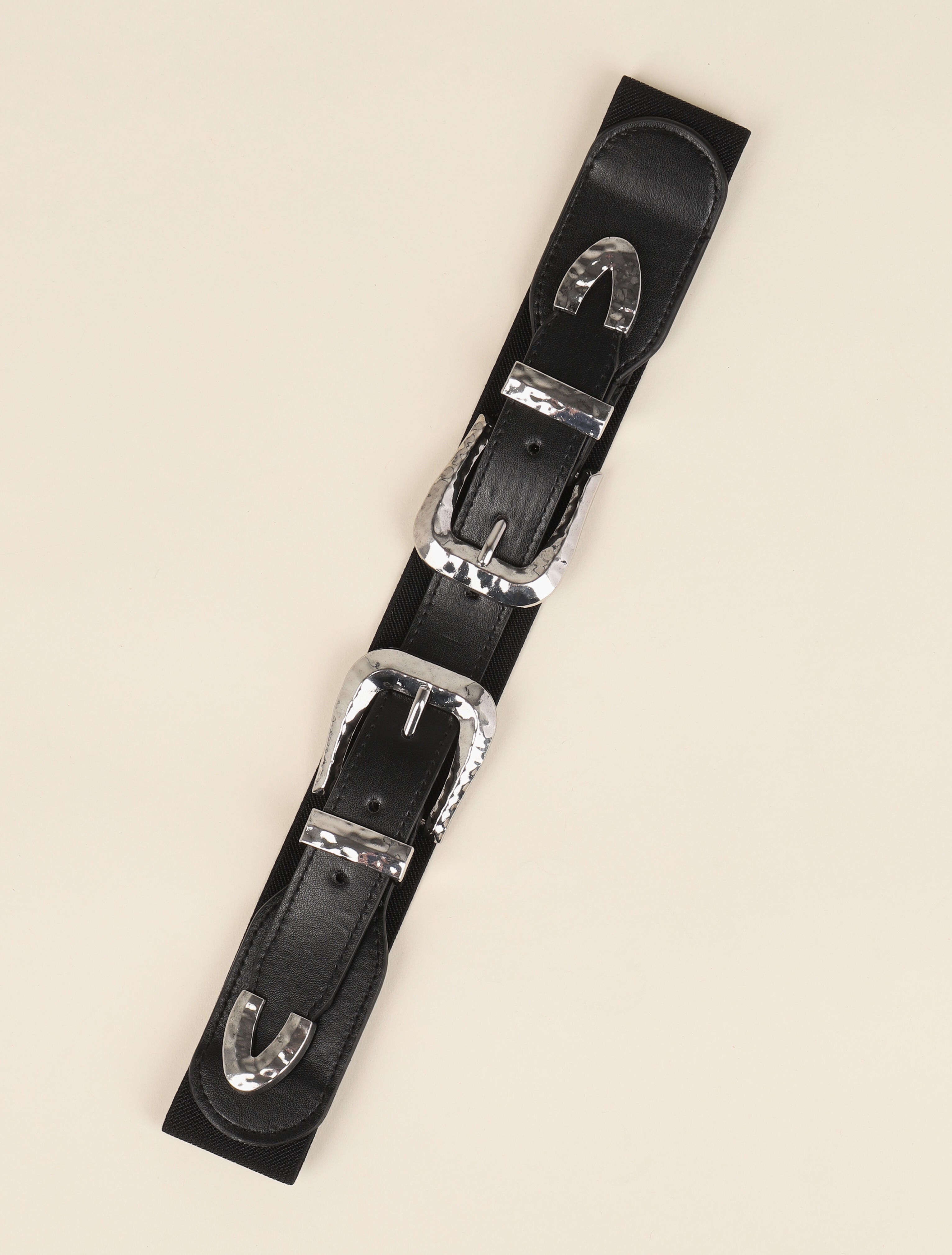 Ceinture à double boucles martelées - Noir/argentée - 2