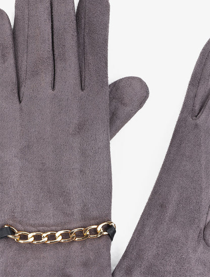 Gants en suédine à détail chaîne - Gris - 2