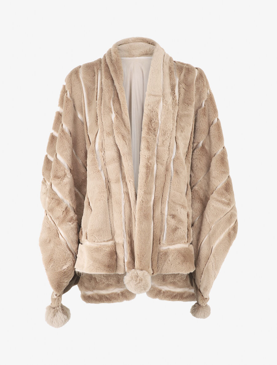 Châle en fourrure synthétique à pompons - Taupe - 4