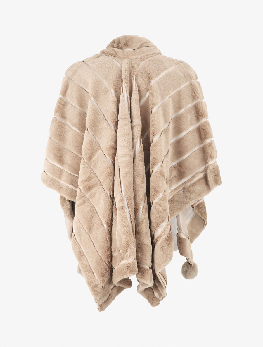 Châle en fourrure synthétique à pompons - Taupe - 2