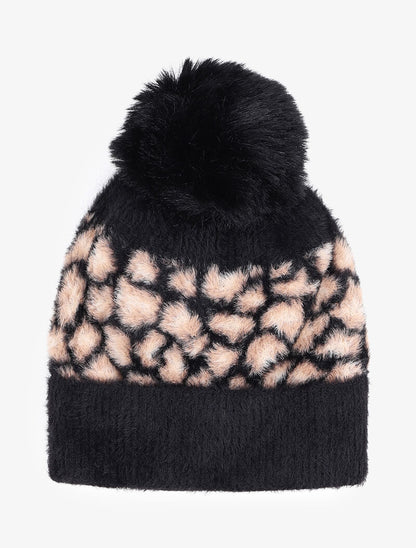 Bonnet à pompon imprimé léopard - Noir - 3