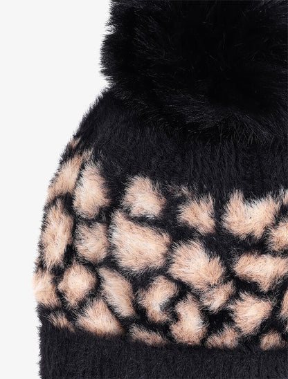 Bonnet à pompon imprimé léopard - Noir - 2