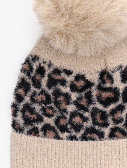 Bonnet à pompon imprimé léopard - Beige - 2