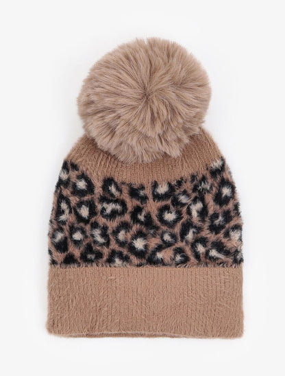 Bonnet à pompon imprimé léopard - Camel - 3