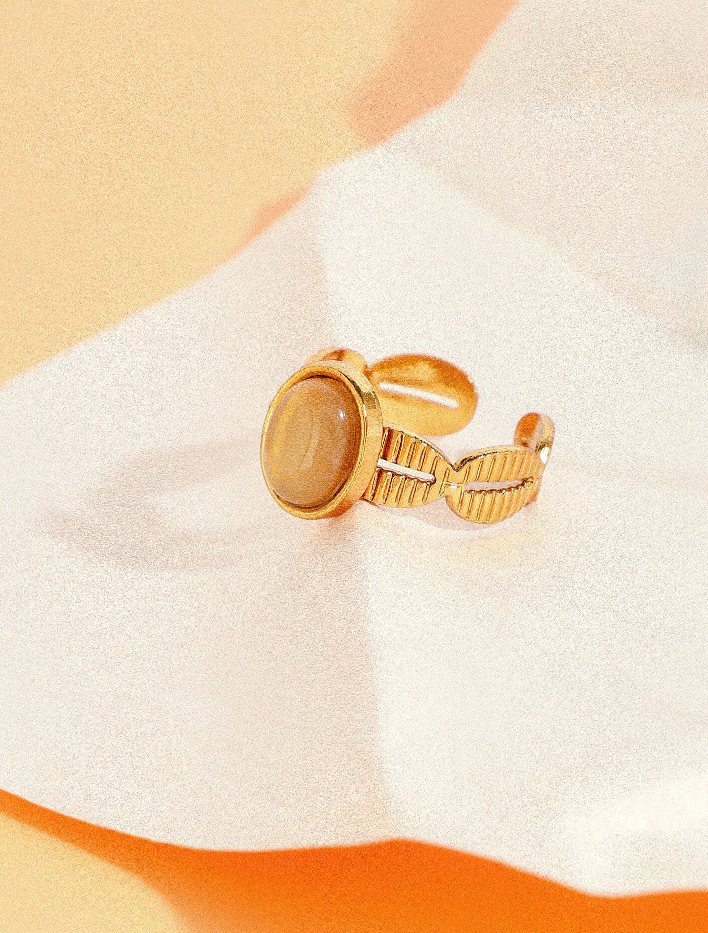 Bague ajustable dentelée à pierre - Or/beige - 4